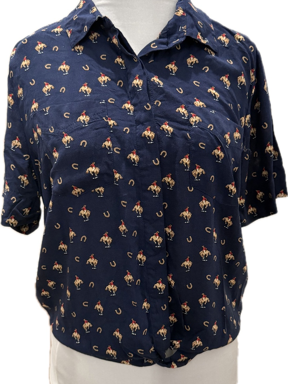 Womens Navy Horse-Print Short Sleeve Button Front Top